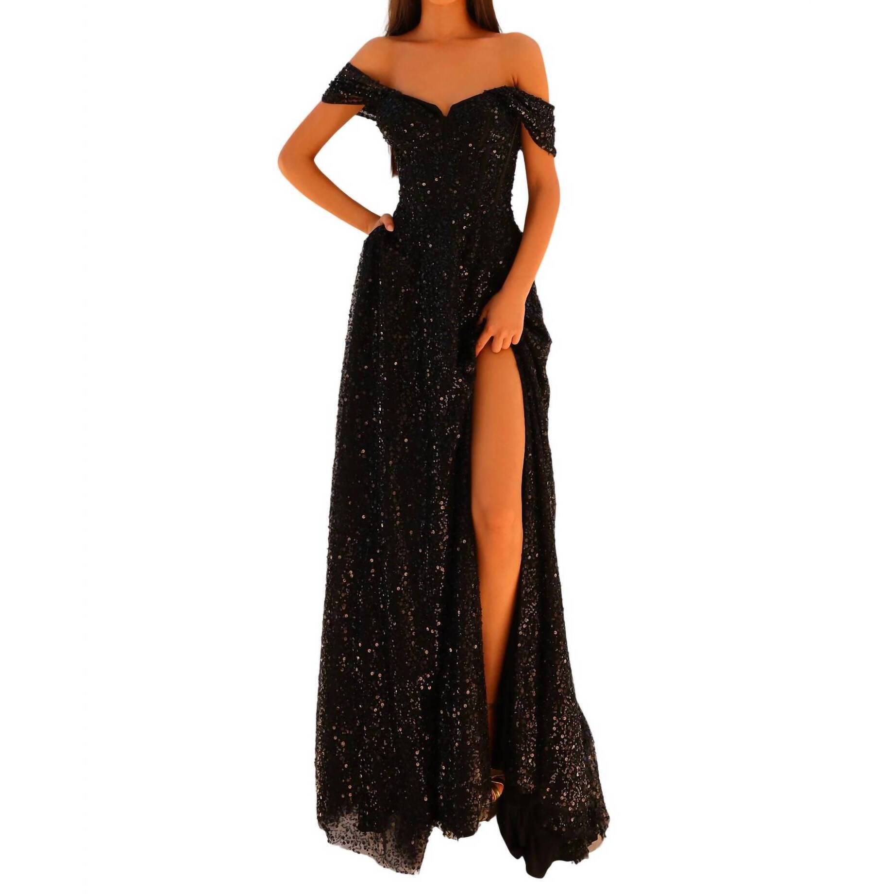 New Clarisse Sequin A-Line Gown In Black
